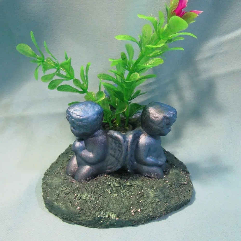 Aquarium Decoration - Blue Cherub Angels with Flowering Plant